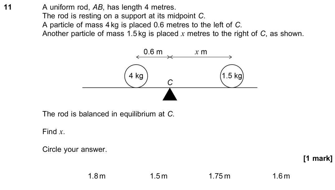 June 2018 Paper 2, question 11: A uniform rod, AB, has length 4 metres. The rod is resting on a support at its midpoint C. A particle of mass 4 kg is placed 0.6 metres to the left of C. Anothe