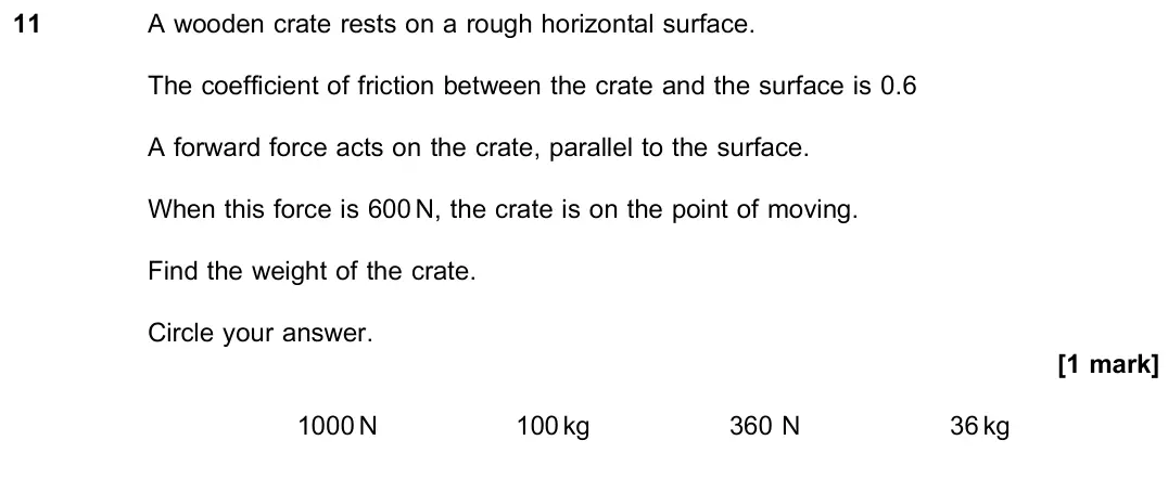 June 2019 Paper 2, question 11: A wooden crate rests on a rough horizontal surface. The coefficient of friction between the crate and the surface is 0.6 A forward force acts on the crate, para