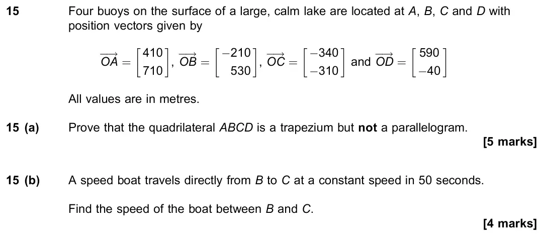 June 2019 Paper 2, question 15: Four buoys on the surface of a large, calm lake are located at A, B, C and D with position vectors given by OA ! = 410 710 , OB ! = −210 530 , OC ! = −340 −310