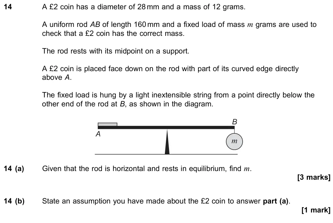 June 2022 Paper 2, question 14: A £2 coin has a diameter of 28 mm and a mass of 12 grams. A uniform rod AB of length 160 mm and a fixed load of mass m grams are used to check that a £2 coin ha