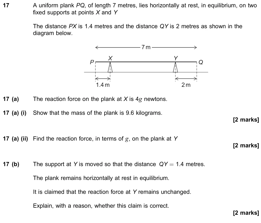 June 2023 Paper 2, question 17: A uniform plank PQ, of length 7 metres, lies horizontally at rest, in equilibrium, on two fixed supports at points X and Y The distance PX is 1.4 metres and the