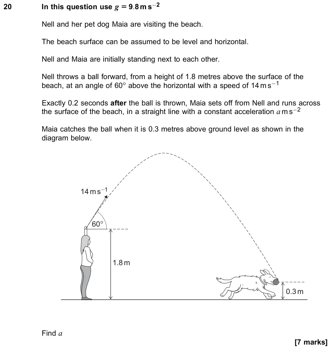 June 2023 Paper 2, question 20: In this question use g = 9:8 m s−2 Nell and her pet dog Maia are visiting the beach. The beach surface can be assumed to be level and horizontal. Nell and Maia