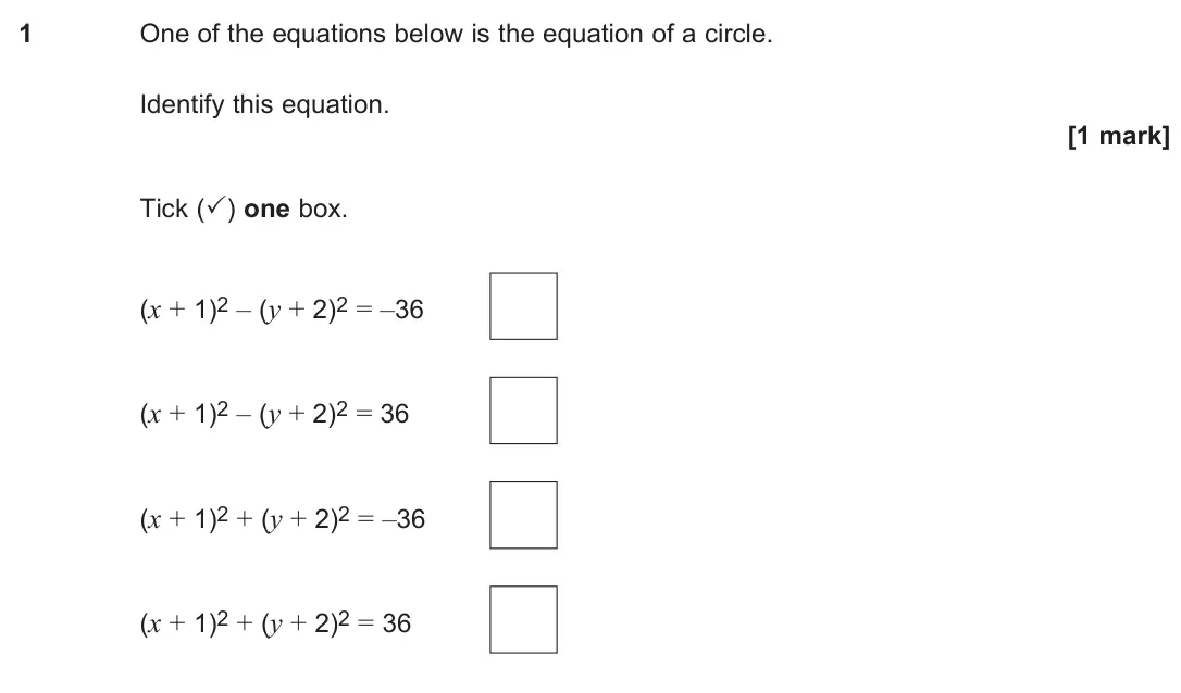 June 2024 Paper 2, question 1: One of the equations below is the equation of a circle. Identify this equation. [1 mark] Tick (✓) one box. (x + 1)2 – (y + 2)2 = –36 (x + 1)2 – (y + 2)2 = 36 (x