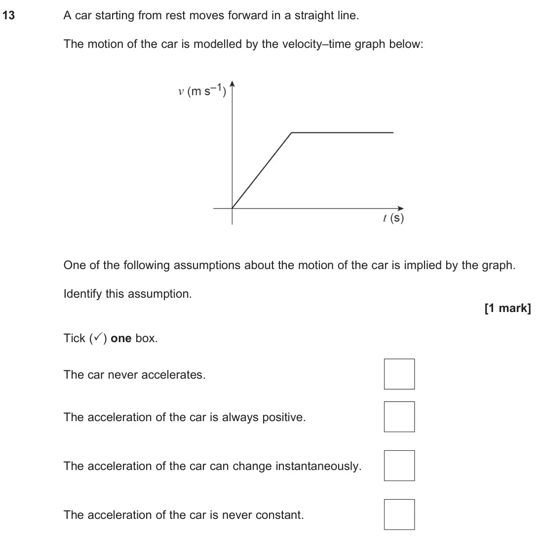 June 2024 Paper 2, question 13: A car starting from rest moves forward in a straight line. The motion of the car is modelled by the velocity–time graph below: One of the following assumptions