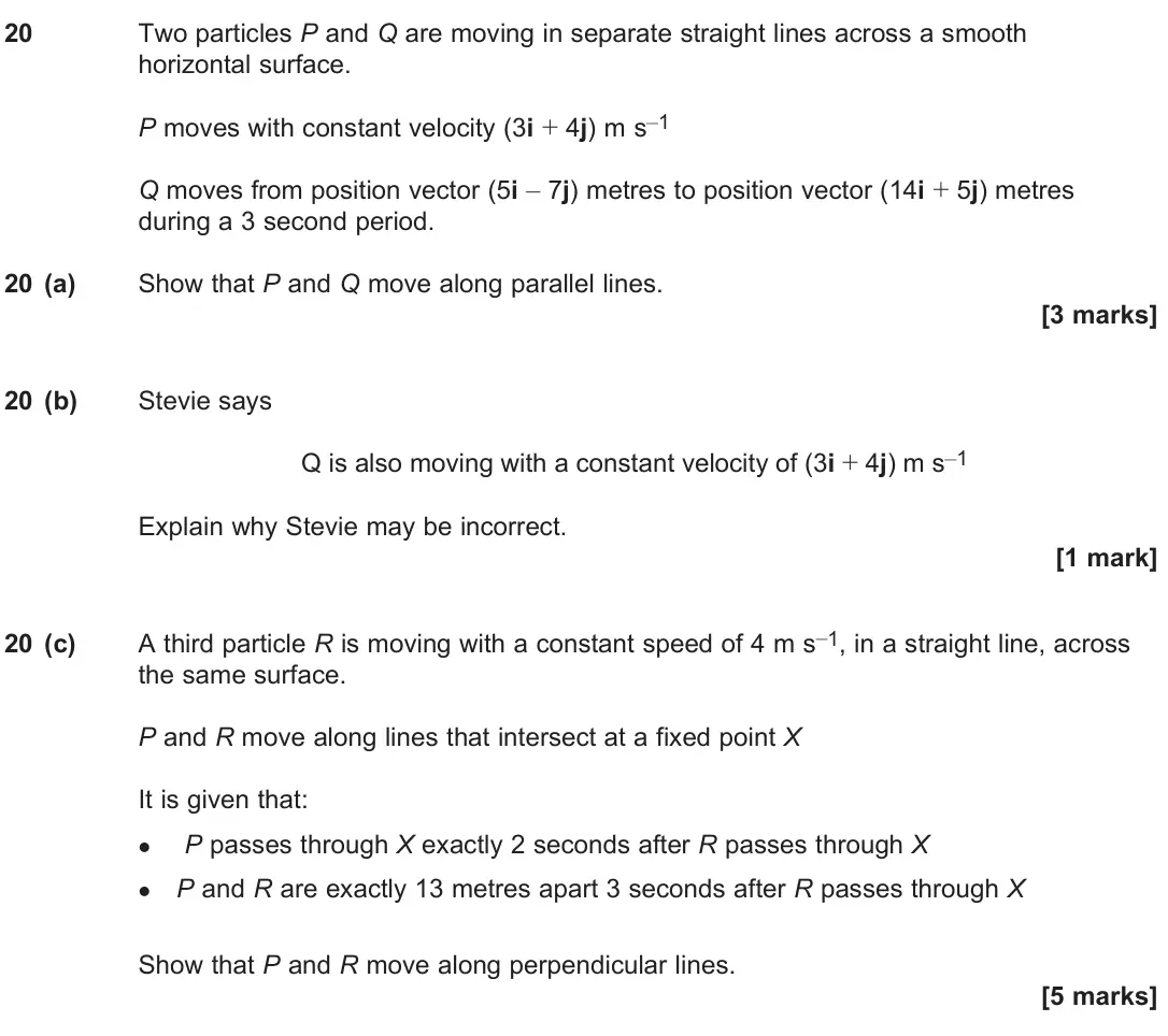 June 2024 Paper 2, question 20: Two particles P and Q are moving in separate straight lines across a smooth horizontal surface. P moves with constant velocity (3i + 4j) m s–1 Q moves from posi