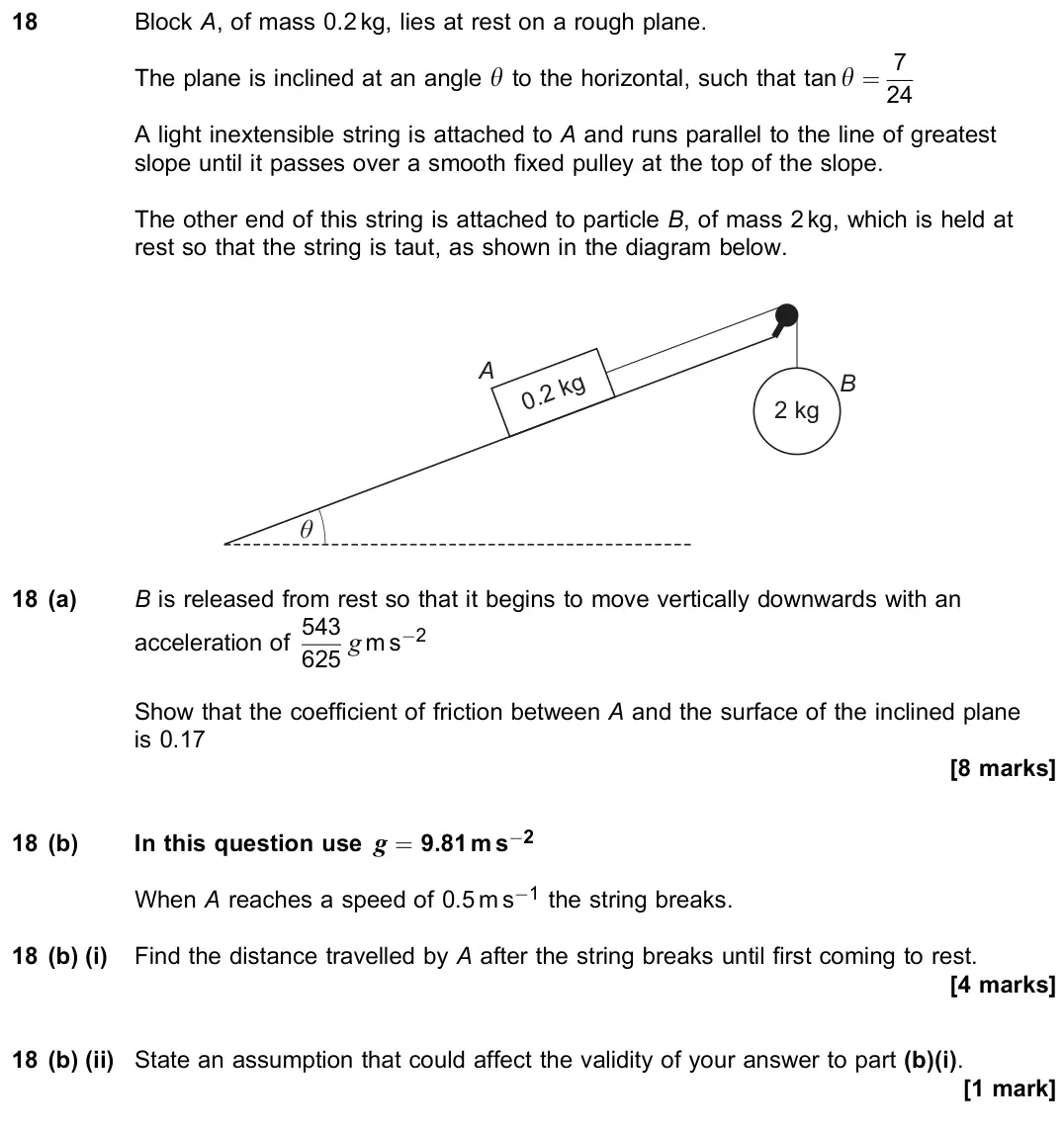 November 2020 Paper 2, question 18: Block A, of mass 0.2 kg, lies at rest on a rough plane. The plane is inclined at an angle y to the horizontal, such that tany = 7 24 A light inextensible string
