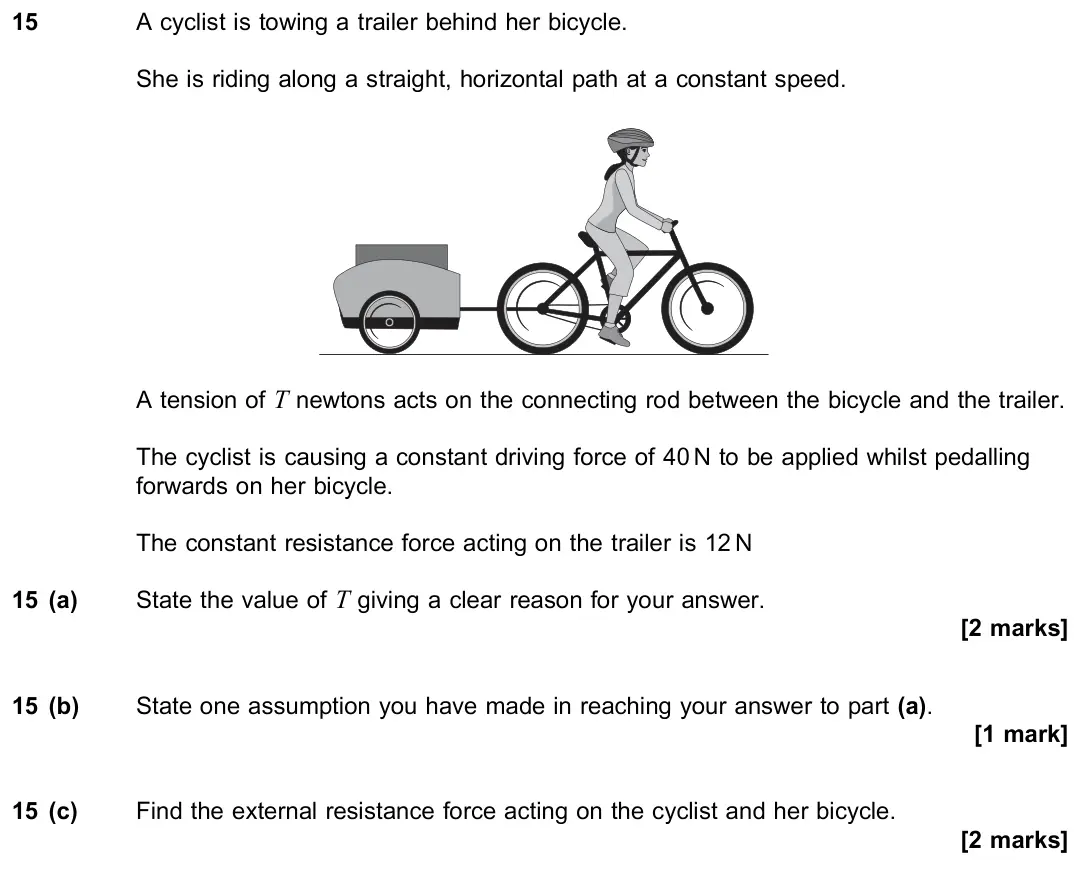 November 2021 Paper 2, question 15: A cyclist is towing a trailer behind her bicycle. She is riding along a straight, horizontal path at a constant speed. A tension of T newtons acts on the connec