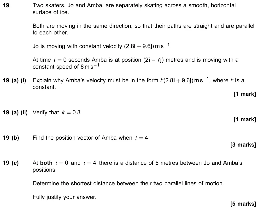 November 2021 Paper 2, question 19: Two skaters, Jo and Amba, are separately skating across a smooth, horizontal surface of ice. Both are moving in the same direction, so that their paths are stra