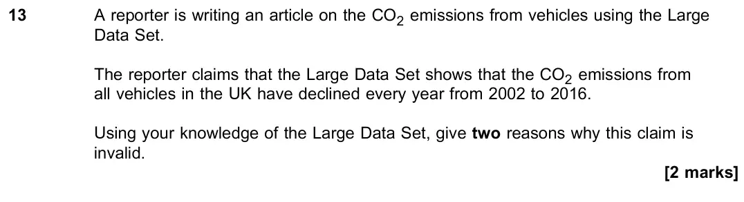 June 2022 Paper 3, question 13: A reporter is writing an article on the CO2 emissions from vehicles using the Large Data Set. The reporter claims that the Large Data Set shows that the CO2 emi