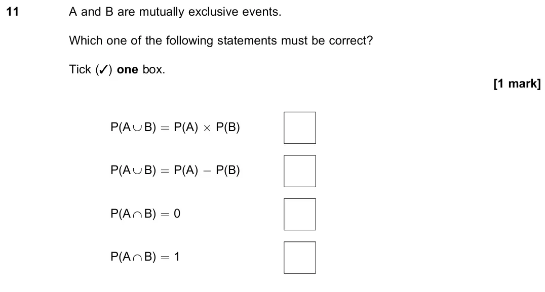 June 2023 Paper 3, question 11: A and B are mutually exclusive events. Which one of the following statements must be correct? Tick (3) one box. [1 mark] P(A ¨ B) = P(A) × P(B) P(A ¨ B) = P(A) 