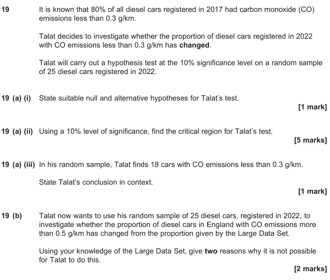 June 2024 Paper 3, question 19: It is known that 80% of all diesel cars registered in 2017 had carbon monoxide (CO) emissions less than 0.3 g/km. Talat decides to investigate whether the propo