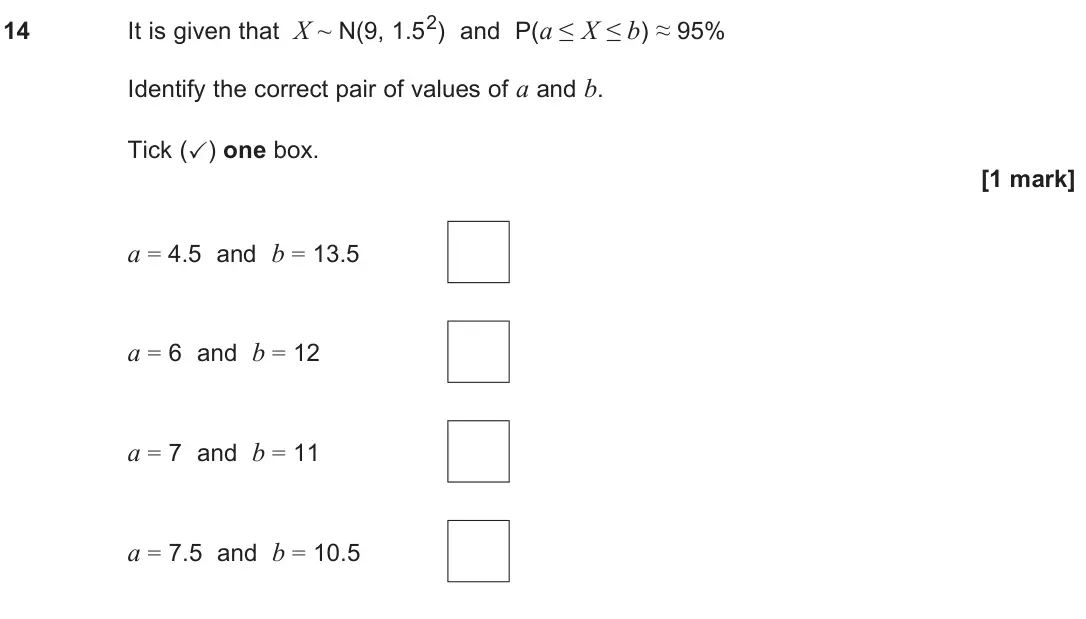 June 2025 Paper 3, question 14: It is given that X ~ N(9, 1.52) and P(a ≤ X ≤ b) ≈ 95% Identify the correct pair of values of a and b. Tick (✓) one box. [1 mark] a = 4.5 and b = 13.5 a = 6 and