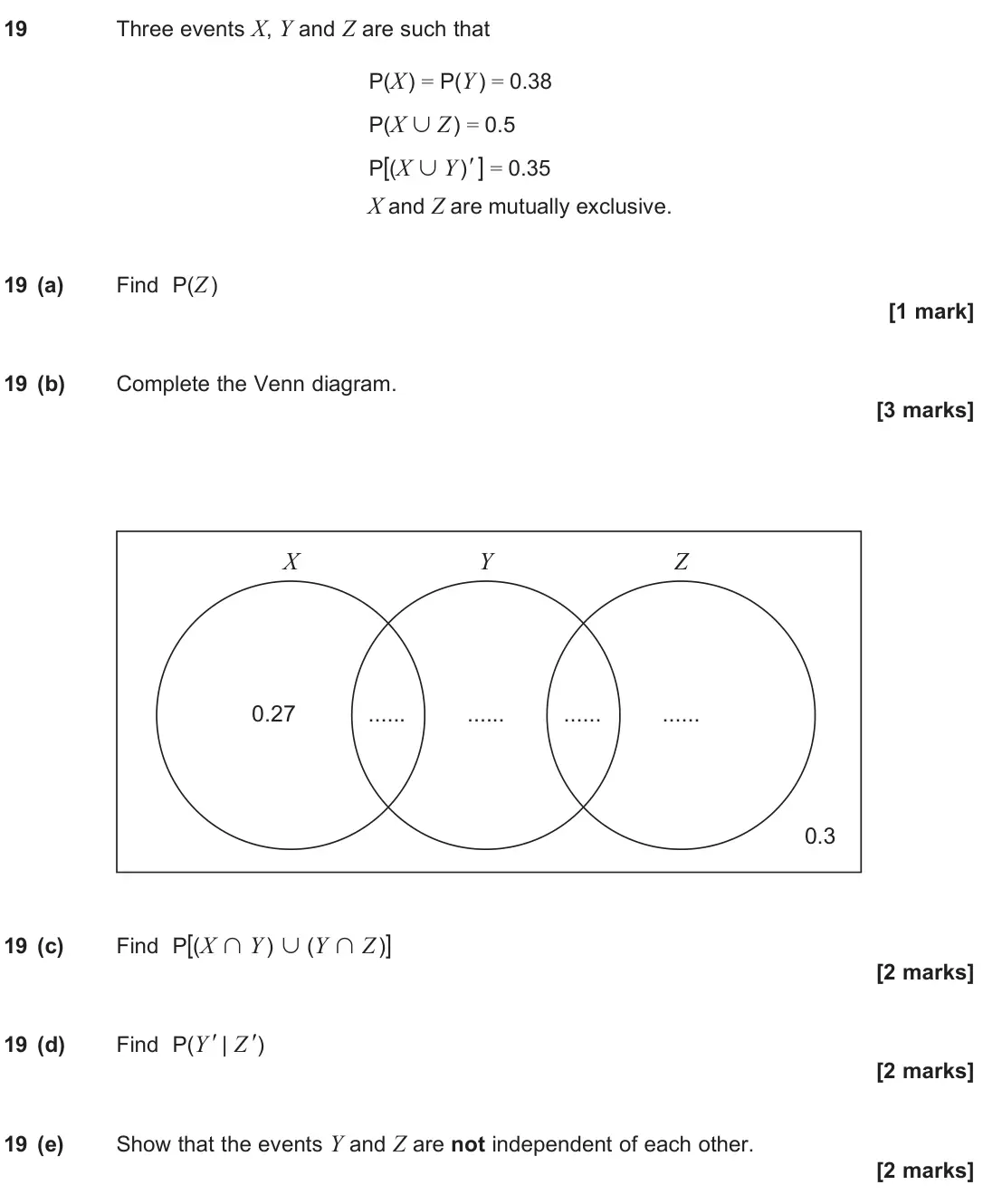 June 2025 Paper 3, question 19: Three events X, Y and Z are such that P(X) = P(Y ) = 0.38 P(X ∪ Z) = 0.5 P[(X ∪ Y)' ] = 0.35 X and Z are mutually exclusive. 19 (a) Find P(Z) [1 mark] 19 (b) Co