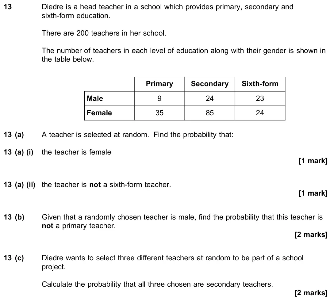 November 2020 Paper 3, question 13: Diedre is a head teacher in a school which provides primary, secondary and sixth-form education. There are 200 teachers in her school. The number of teachers in