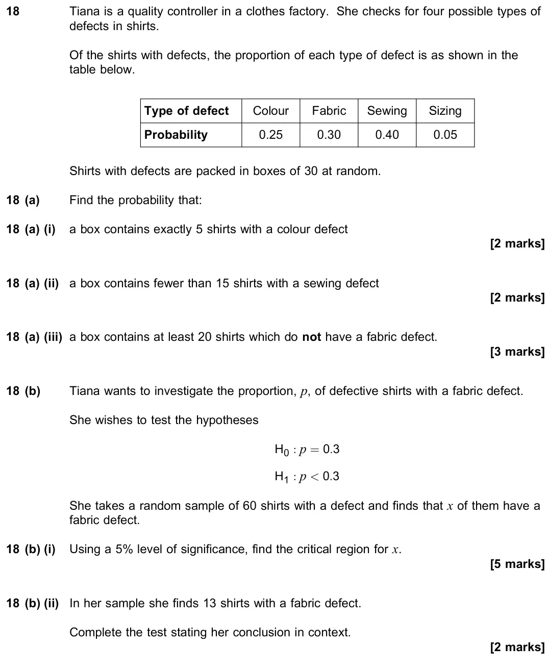 November 2020 Paper 3, question 18: Tiana is a quality controller in a clothes factory. She checks for four possible types of defects in shirts. Of the shirts with defects, the proportion of each