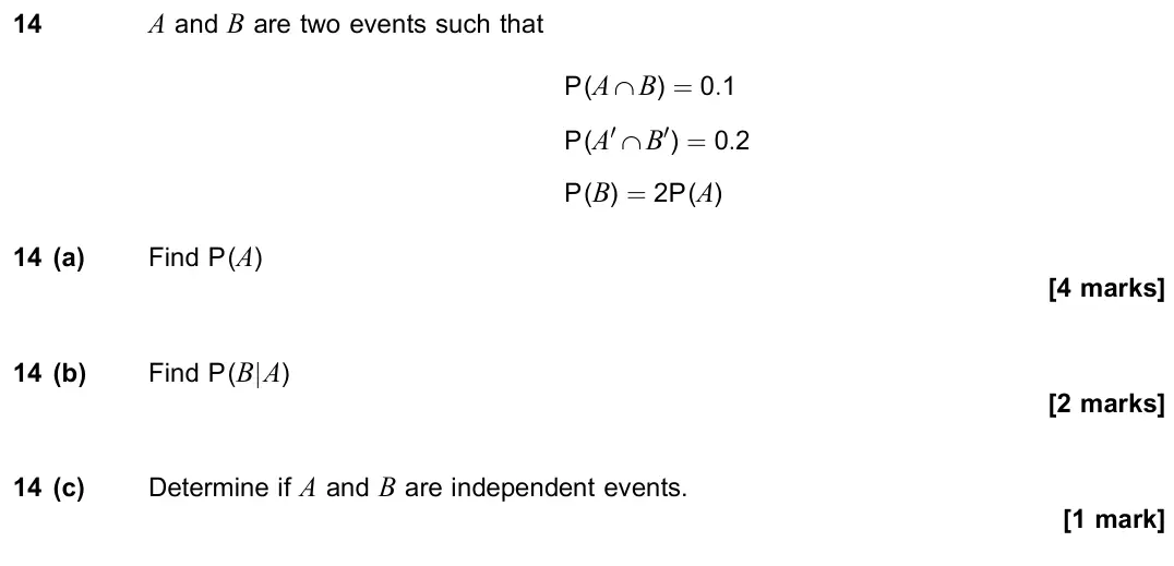 November 2021 Paper 3, question 14: A and B are two events such that P(A ˙ B) = 0:1 P(A0 ˙ B0) = 0:2 P(B) = 2P(A) 14 (a) Find P(A) [4 marks] 14 (b) Find P(BjA) [2 marks] 14 (c) Determine if A and 