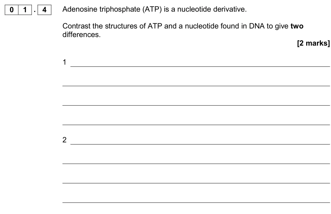 June 2017 AS Paper 1, question 01.4: Adenosine triphosphate (ATP) is a nucleotide derivative. Contrast the structures of ATP and a nucleotide found in DNA to give two differences. [2 marks] 1 2