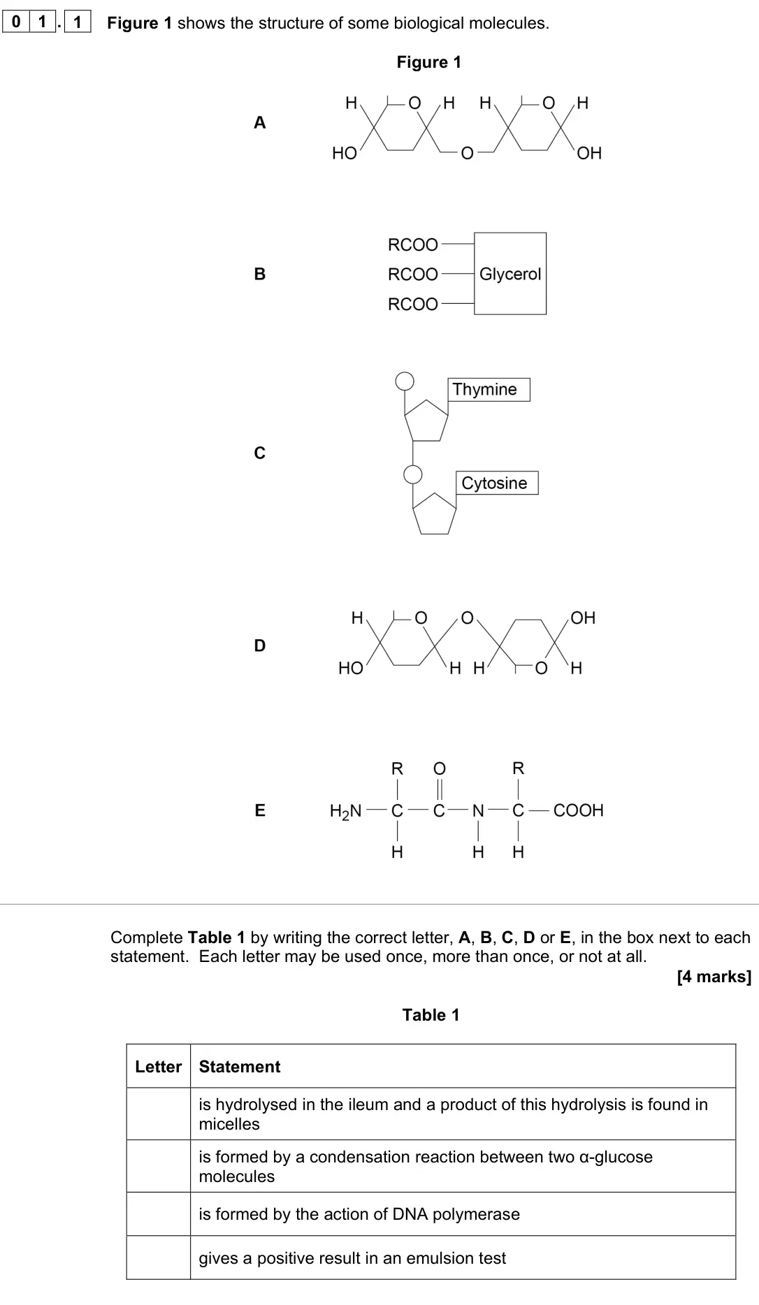 June 2022 AS Paper 1, question 01.1: Figure 1 shows the structure of some biological molecules. Figure 1 Complete Table 1 by writing the correct letter, A, B, C, D or E, in the box next to each sta