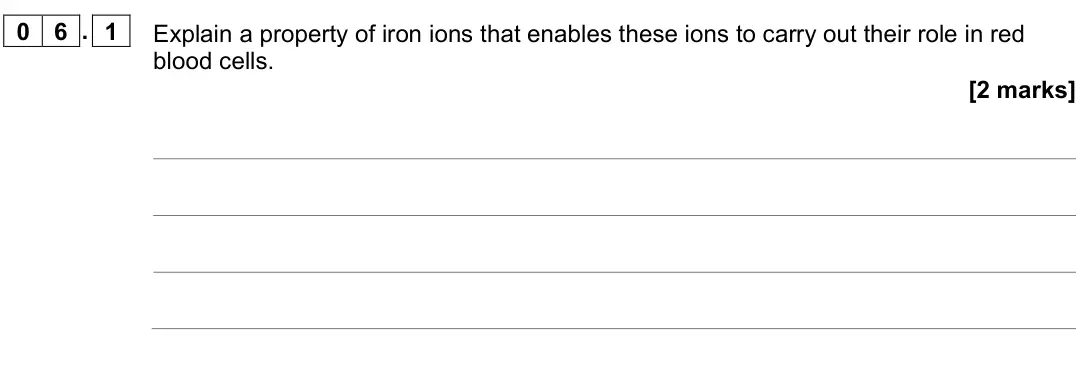 June 2022 AS Paper 1, question 06.1: Explain a property of iron ions that enables these ions to carry out their role in red blood cells. [2 marks]