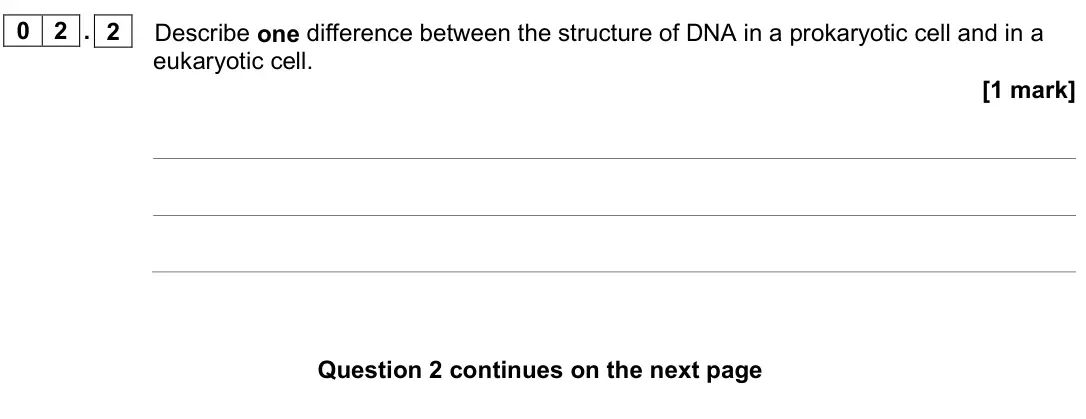 June 2023 AS Paper 1, question 02.2: Describe one difference between the structure of DNA in a prokaryotic cell and in a eukaryotic cell. [1 mark]