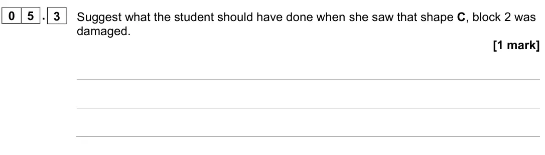 June 2023 AS Paper 1, question 05.3: Suggest what the student should have done when she saw that shape C, block 2 was damaged. [1 mark]