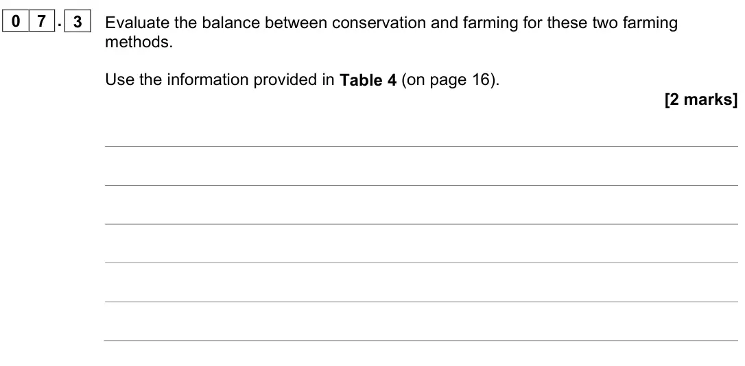 June 2023 AS Paper 1, question 07.3: Evaluate the balance between conservation and farming for these two farming methods. Use the information provided in Table 4 (on page 16). [2 marks]