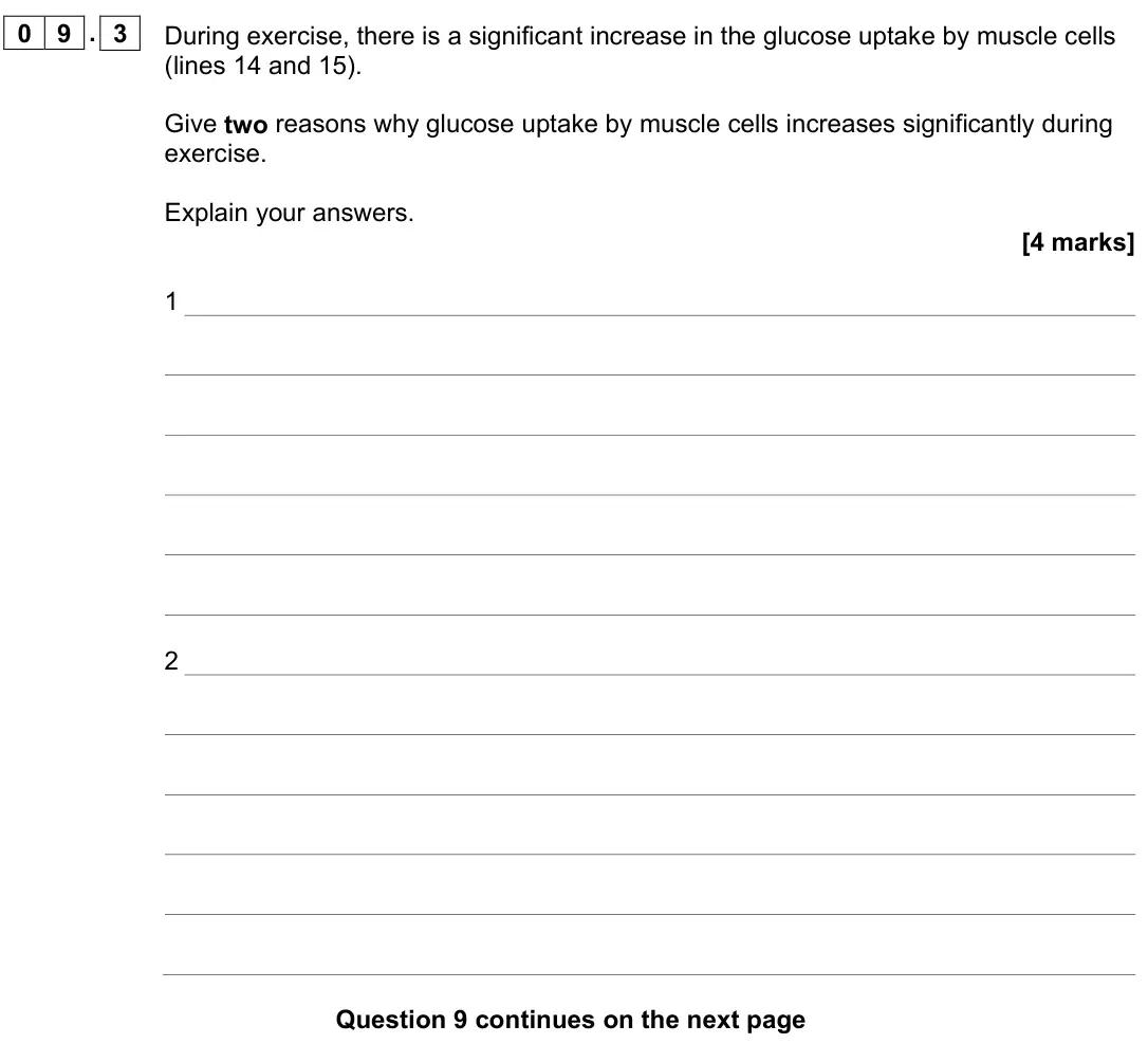 June 2023 AS Paper 1, question 09.3: During exercise, there is a significant increase in the glucose uptake by muscle cells (lines 14 and 15). Give two reasons why glucose uptake by muscle cells in