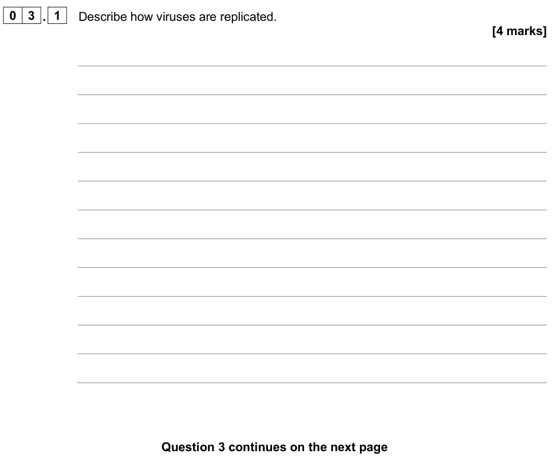 June 2024 AS Paper 1, question 03.1: Describe how viruses are replicated. [4 marks]