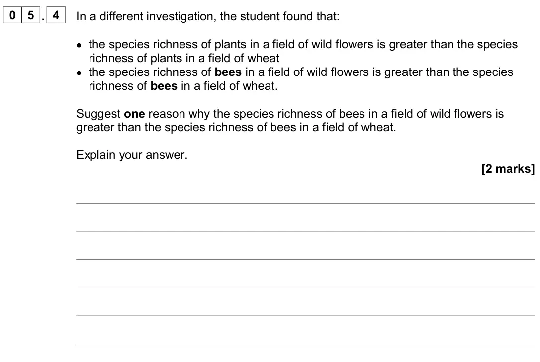 June 2024 AS Paper 1, question 05.4: In a different investigation, the student found that: • the species richness of plants in a field of wild flowers is greater than the species richness of plants
