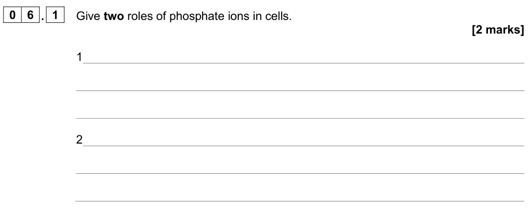 June 2024 AS Paper 1, question 06.1: Give two roles of phosphate ions in cells. [2 marks] 1 2