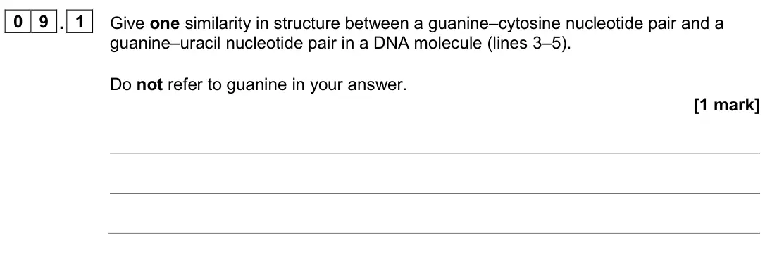 June 2024 AS Paper 1, question 09.1: Give one similarity in structure between a guanine–cytosine nucleotide pair and a guanine–uracil nucleotide pair in a DNA molecule (lines 3–5). Do not refer to 