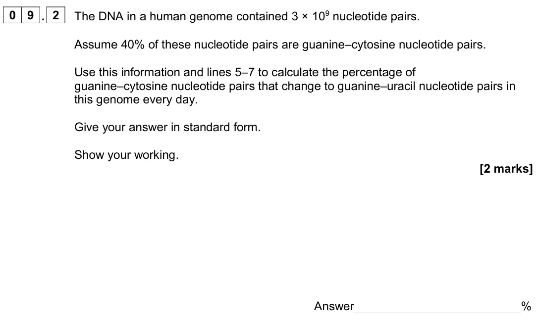 June 2024 AS Paper 1, question 09.2: The DNA in a human genome contained 3 × 109 nucleotide pairs. Assume 40% of these nucleotide pairs are guanine–cytosine nucleotide pairs. Use this information a