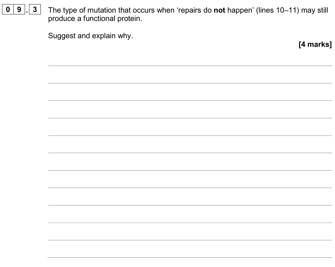 June 2024 AS Paper 1, question 09.3: The type of mutation that occurs when ‘repairs do not happen’ (lines 10–11) may still produce a functional protein. Suggest and explain why. [4 marks]