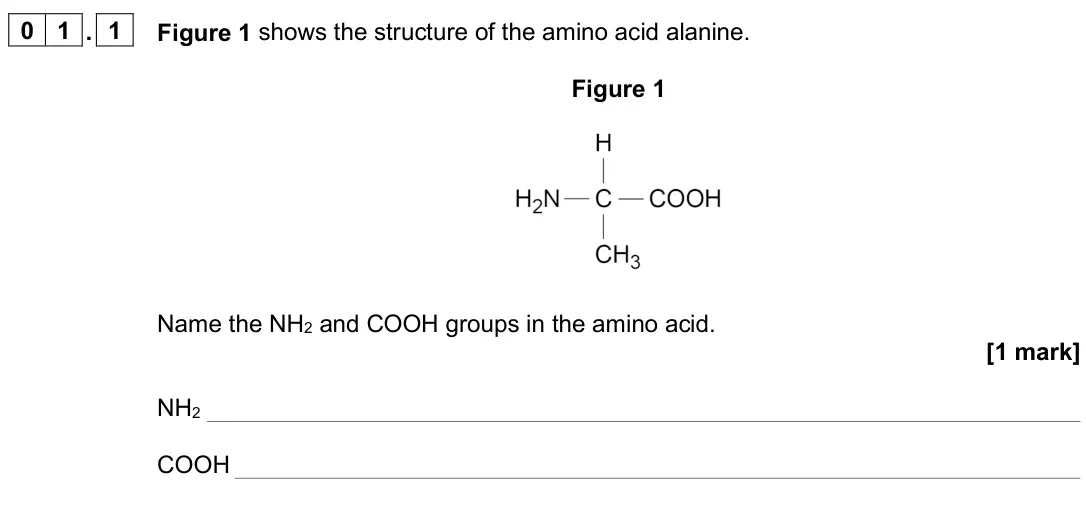 June 2025 AS Paper 1, question 01.1: Figure 1 shows the structure of the amino acid alanine. Figure 1 Name the NH2 and COOH groups in the amino acid. [1 mark] NH2 COOH