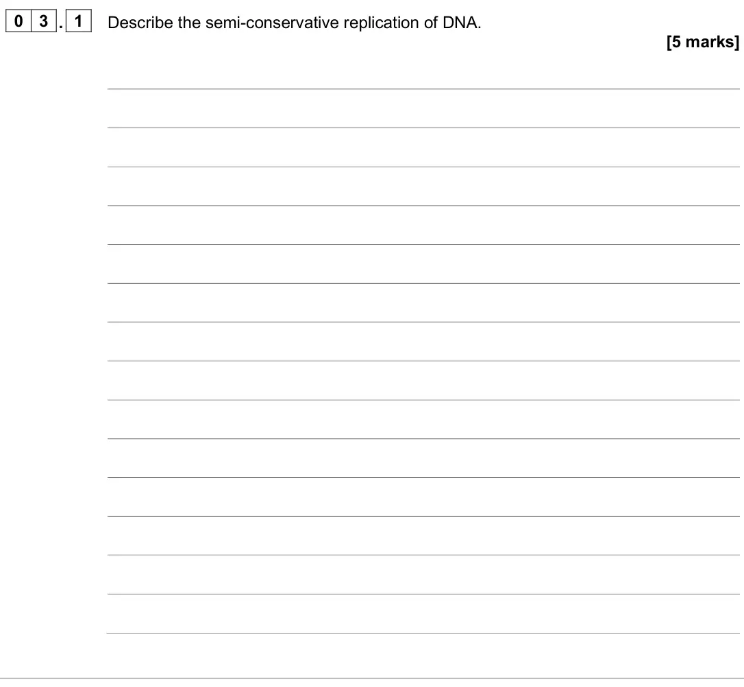 June 2025 AS Paper 1, question 03.1: Describe the semi-conservative replication of DNA. [5 marks]