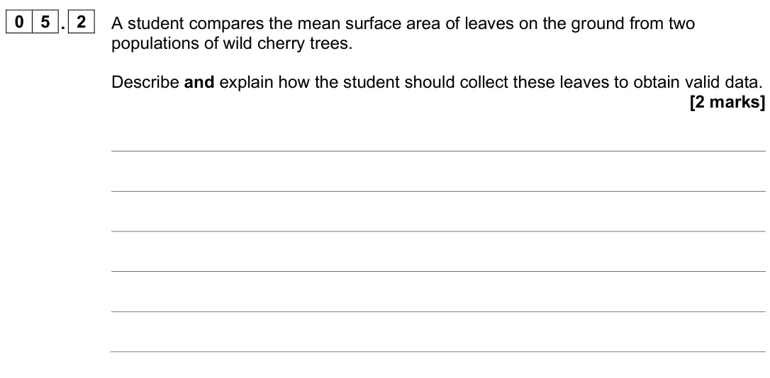June 2025 AS Paper 1, question 05.2: A student compares the mean surface area of leaves on the ground from two populations of wild cherry trees. Describe and explain how the student should collect