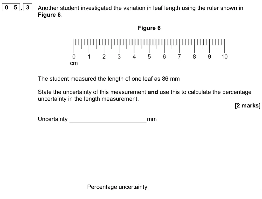 June 2025 AS Paper 1, question 05.3: Another student investigated the variation in leaf length using the ruler shown in Figure 6. Figure 6 The student measured the length of one leaf as 86 mm State