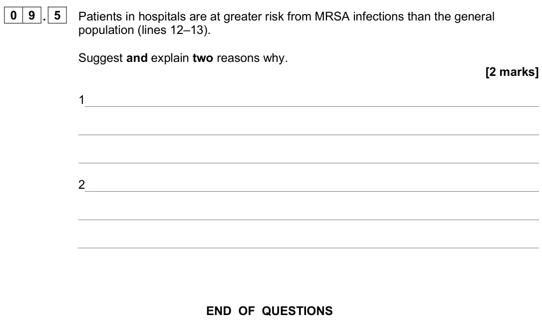 June 2025 AS Paper 1, question 09.5: Patients in hospitals are at greater risk from MRSA infections than the general population (lines 12–13). Suggest and explain two reasons why. [2 marks] 1 2