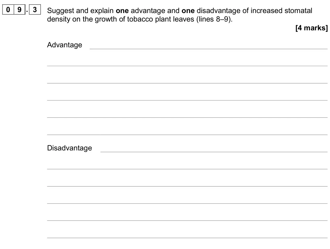 November 2020 AS Paper 1, question 09.3: Suggest and explain one advantage and one disadvantage of increased stomatal density on the growth of tobacco plant leaves (lines 8–9). [4 marks] Advantage Disa