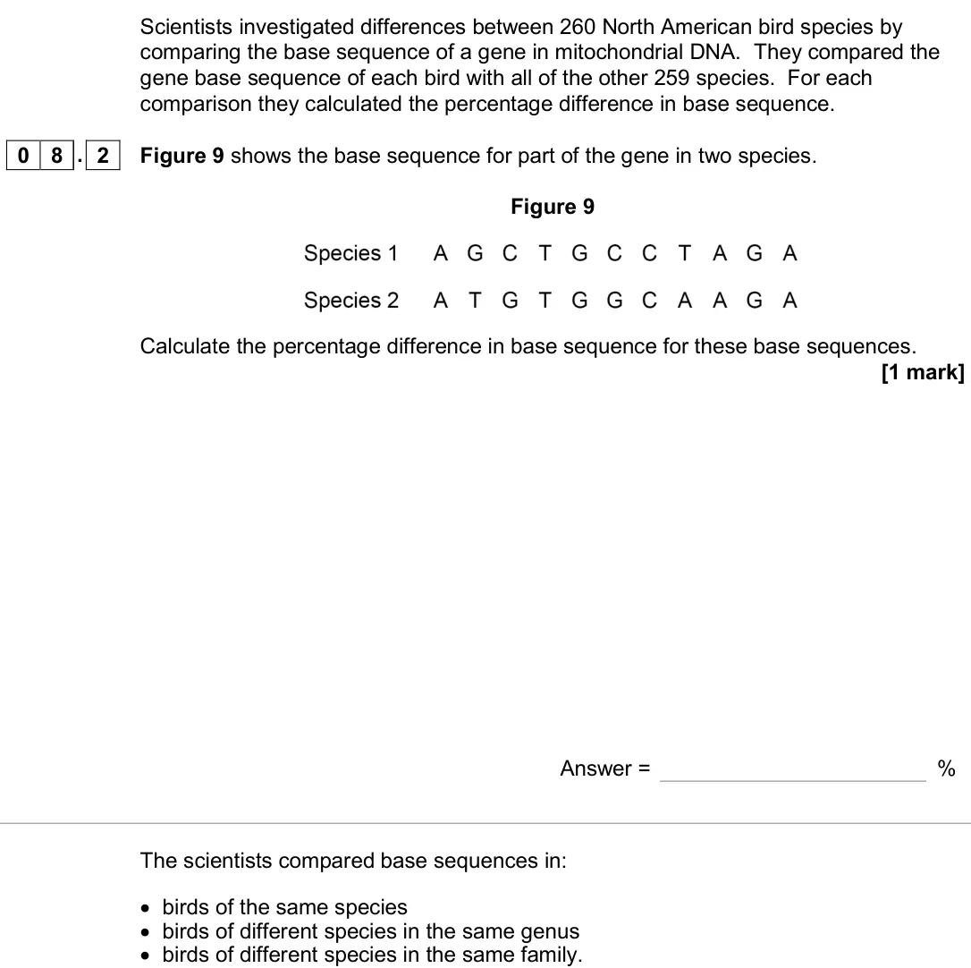 June 2019 AS Paper 2, question 08.2: Figure 9 shows the base sequence for part of the gene in two species. Figure 9 Calculate the percentage difference in base sequence for these base sequences. [1