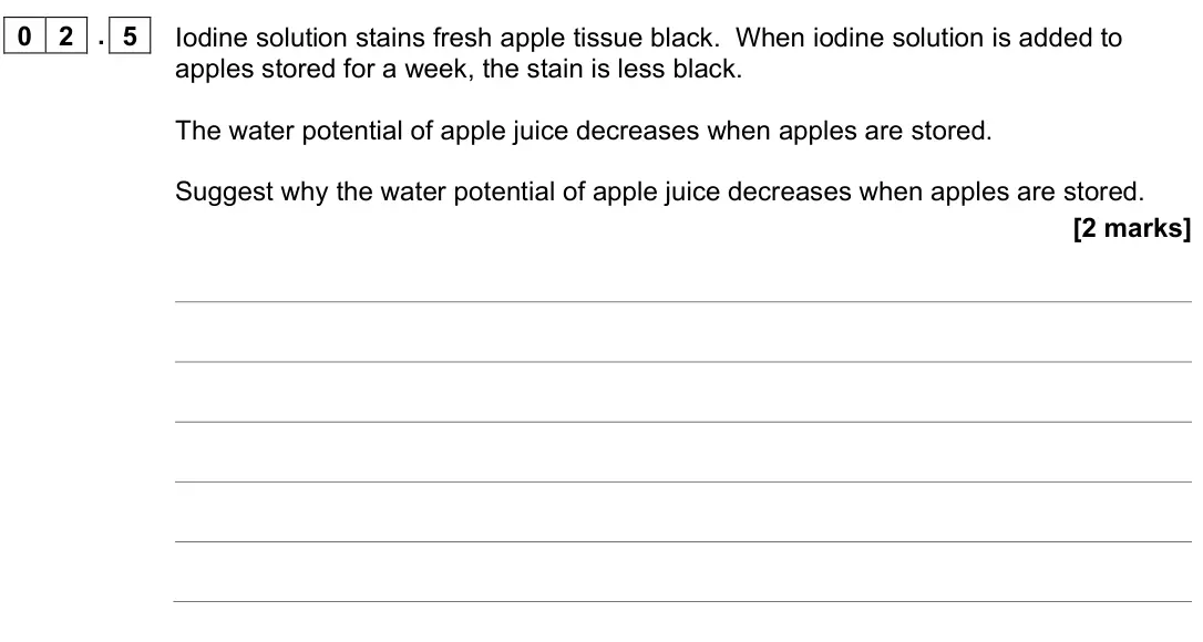 June 2022 AS Paper 2, question 02.5: Iodine solution stains fresh apple tissue black. When iodine solution is added to apples stored for a week, the stain is less black. The water potential of appl