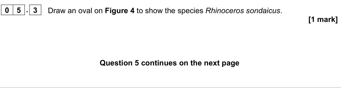 June 2022 AS Paper 2, question 05.3: Draw an oval on Figure 4 to show the species Rhinoceros sondaicus. [1 mark]
