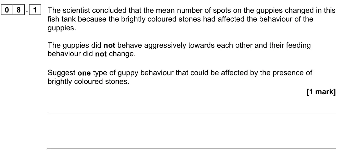 June 2022 AS Paper 2, question 08.1: The scientist concluded that the mean number of spots on the guppies changed in this fish tank because the brightly coloured stones had affected the behaviour o