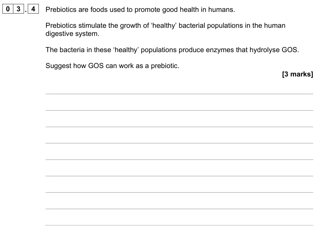 June 2023 AS Paper 2, question 03.4: Prebiotics are foods used to promote good health in humans. Prebiotics stimulate the growth of ‘healthy’ bacterial populations in the human digestive system. Th