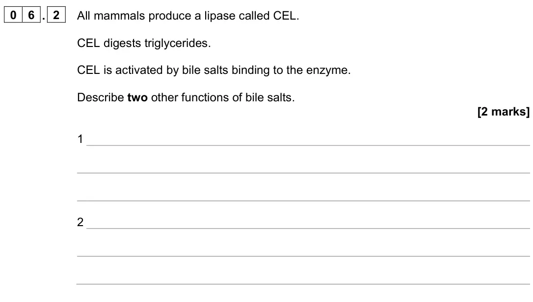 June 2023 AS Paper 2, question 06.2: All mammals produce a lipase called CEL. CEL digests triglycerides. CEL is activated by bile salts binding to the enzyme. Describe two other functions of bile s