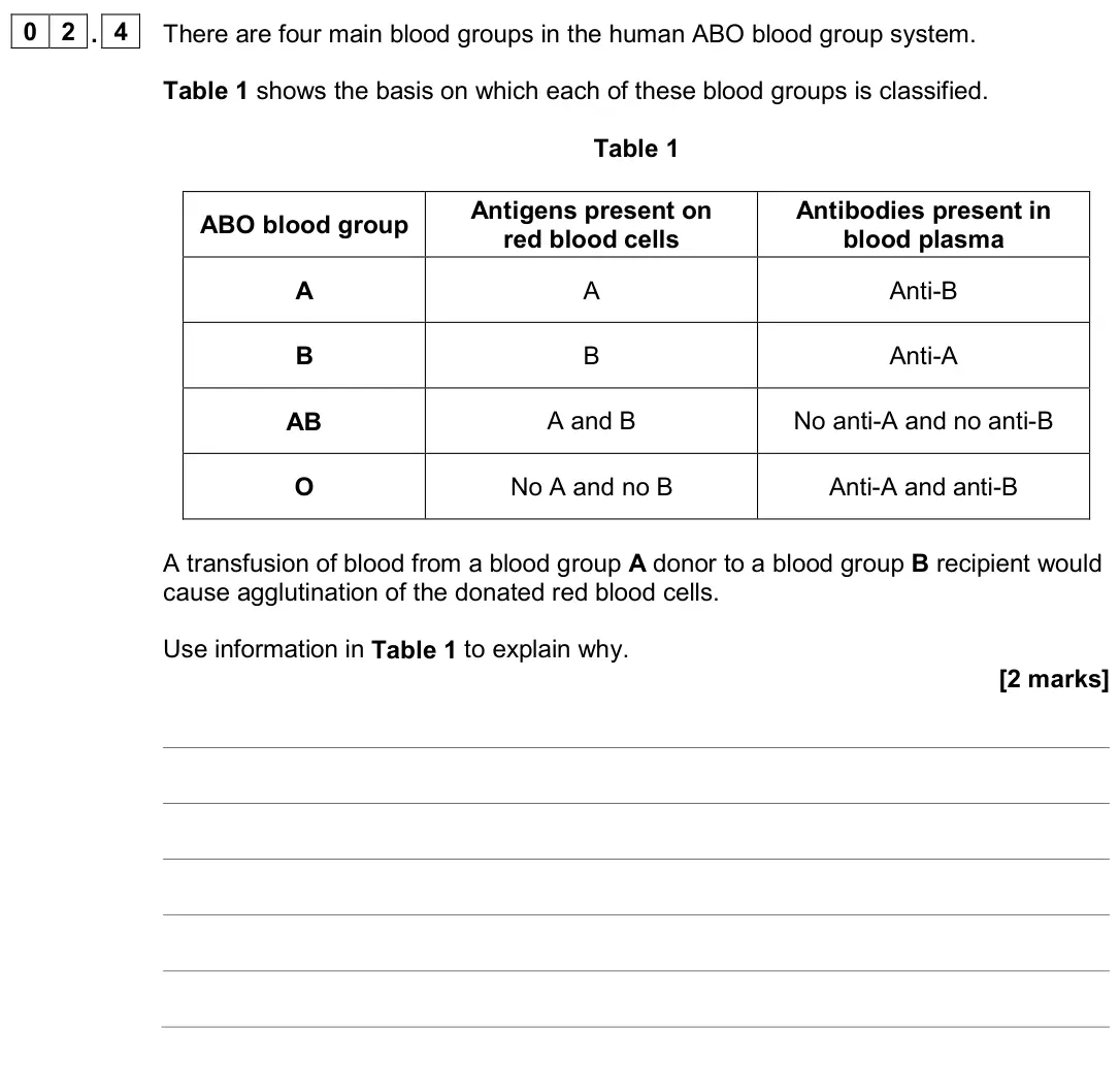 June 2024 AS Paper 2, question 02.4: There are four main blood groups in the human ABO blood group system. Table 1 shows the basis on which each of these blood groups is classified. Table 1 ABO blo