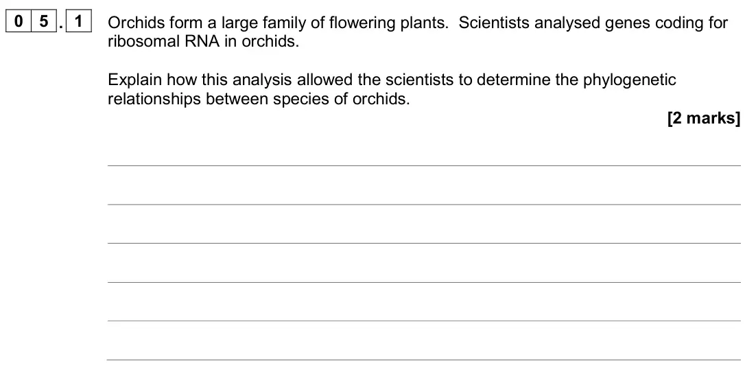 June 2024 AS Paper 2, question 05.1: Orchids form a large family of flowering plants. Scientists analysed genes coding for ribosomal RNA in orchids. Explain how this analysis allowed the scientists