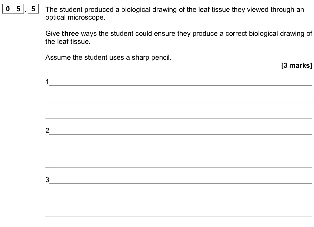 June 2024 AS Paper 2, question 05.5: The student produced a biological drawing of the leaf tissue they viewed through an optical microscope. Give three ways the student could ensure they produce a