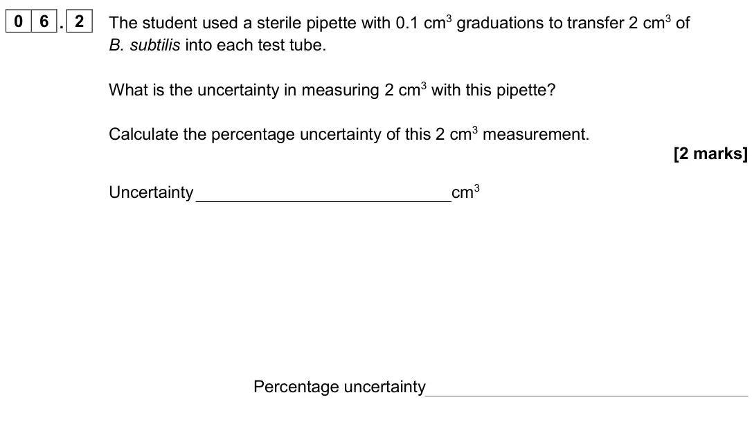June 2024 AS Paper 2, question 06.2: The student used a sterile pipette with 0.1 cm3 graduations to transfer 2 cm3 of B. subtilis into each test tube. What is the uncertainty in measuring 2 cm3 wit