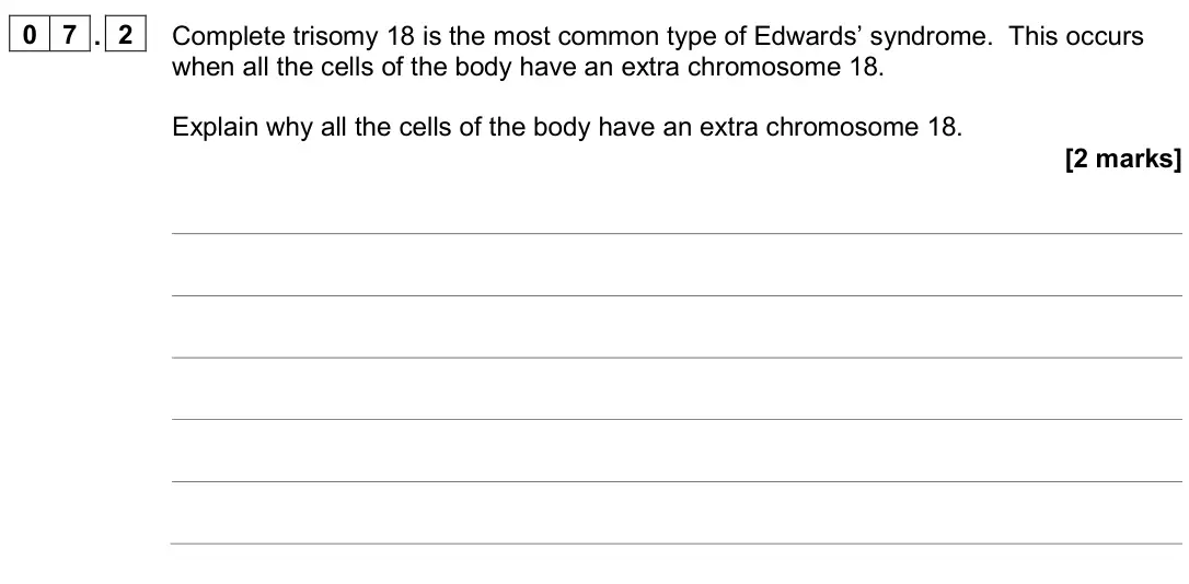 June 2024 AS Paper 2, question 07.2: Complete trisomy 18 is the most common type of Edwards’ syndrome. This occurs when all the cells of the body have an extra chromosome 18. Explain why all the ce